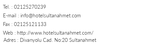 Hotel Sultanahmet telefon numaralar, faks, e-mail, posta adresi ve iletiim bilgileri